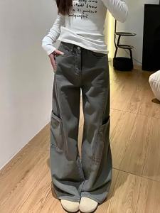 YUXIAO | Slim Fit Grey Overalls Trousers Loose Fit Straight Leg