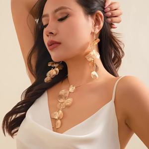 Cross Border Popular Wedding Ginkgo Necklace Earrings Bridal Accessories Banquet Jewelry Set Wholesale