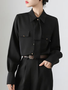Black Silk Satin Blouse Womens Long Sleeve Shirt 2025 New Autumn Winter Tunic Top with Belt Short Sleeve Button Detail