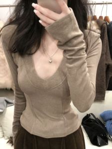 Áo Thun Dài Tay Cổ Chữ V Ôm Vừa Vặn Phong Cách Mỹ Cổ Điển Dành Cho Nữ Mùa Thu Đông Màu Trơn Chất Lượng Cao Cấp