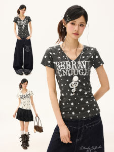 Design Casual V-neck Letter Star Printed T-shirt