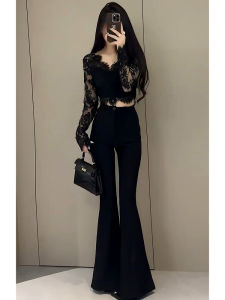 Black Fleece Lined Flared Pants High Waist Slimming Floor Length Drapey Casual Long Trousers Suit Style Womens Autumn Winter