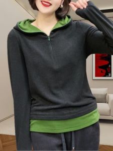 Double-Sided Velvet Zipper Long Sleeve Hoodie Womens Base Shirt Inner Wear Top Spring New Style Fake Two-Piece Splicing