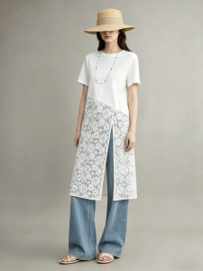GULILI | White Lace Spliced Slit Dress Short Sleeve Summer