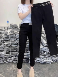 กางเกงขายาวทรงตรงเอวสูงทรงสลิมฟิตสไตล์ลำลองสำหรับผู้หญิงไซส์ใหญ่ กางเกงขายาวทรงตรงทรงสลิมฟิตสีดำบาง