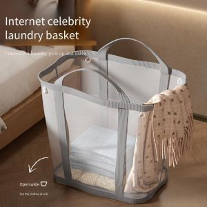 35x22x37cm Laundry Basket Large Capacity Foldable Clothes Storage Basket Toy Bucket Wall Mounted Bathroom Shower Nylon Mesh