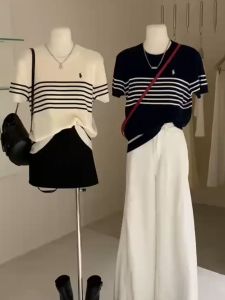 เสื้อยืดผู้หญิงแขนสั้นลายทางสไตล์เกาหลี ทรงหลวม คอกลม แขนสั้น ผ้าถัก ฤดูร้อน 2025 ดีไซน์ใหม่ ผ้าฝ้ายผสม