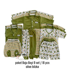 Setelan Baju Bayi Setempat Warna Hijau Olive Desain Motif Usia 0-4 Bulan