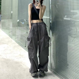 กางเกงทำงานสีเทาทรงหลวมสไตล์ฮิปฮอปสำหรับผู้หญิง กางเกงขายาวลำลองสไตล์อเมริกันสตรีท กางเกงขายาวทรงตรงบางสำหรับเต้นรำฮิปฮอป