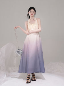 COTRE Gradient Flowing Cheongsam Romantic A-Line Neck Hanging Sleeveless V-Neck Dress Polyester Summer Casual Dresses