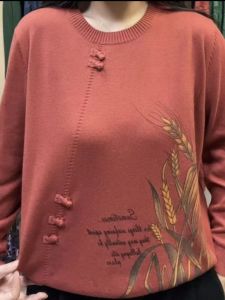 Printed Knitwear V-Neck Long Sleeve Loose Fit Bottoming Top for Middle-Aged And Elderly Women Autumn Fashion Slimming Top