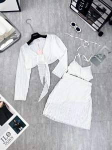 Set bikini đi biển 3 món: áo khoác tay dài loe + áo bra + chân váy