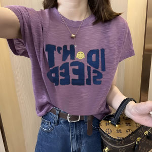 Slimming Bamboo Cotton Short Sleeve T-Shirt Korean Letter Print Womens Summer Fashion Casual Top round Neck Classic Pattern