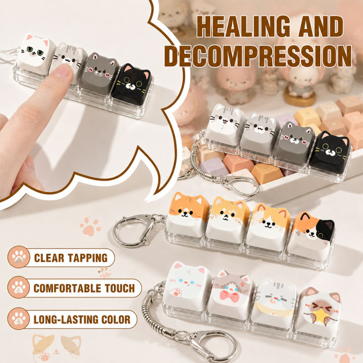 Fidget Button Key Chain Cute Cat Keyboard Fidget 4 Keys Creative Design Keycap Keyring Finger ...