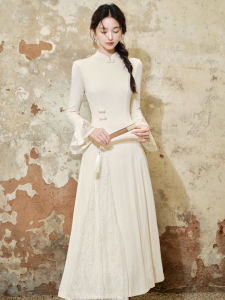 Elegant Young Style Chinese New Wedding Dress Gentle Wind Knitted Long Dress Underdress Base Layer Lace Splice Slim Fit A-Line Skirt