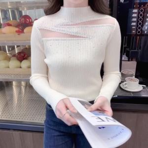 AMMIN 2024 Autumns new fashion staple diamond semi-high-neck long-sleeved knit shirt womens Korean version style chic hollow mesh stitching elegant blouse