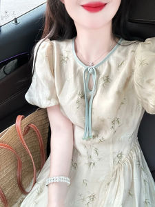 New Chinese Style Bamboo Leaf Print Long Dress Summer Vintage Light National Style Button Bubble Sleeve Waist Cinching Dress