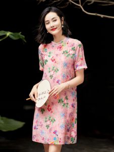 New Chinese Style Silken Loose Womens Qipao Dress Summer 2025 Pink Mulberry Silk A-Line Midi Dress Slimming Effect