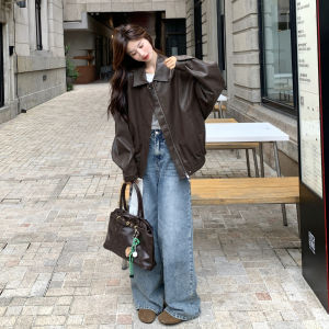 Café Brown Fashionable Motorcycle Style Retro Leather Jacket Womens New Autumn 2025 PU Leather Jacket Loose Fit Zipper
