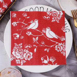 Runlux Colorful Print Napkins Pure Wood Pulp 2 Layers Red Flower Bird Pattern 50 Pieces Box Home Dining Table Linens