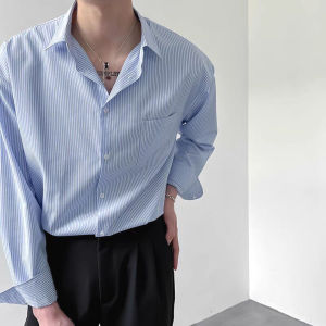American Stripes Workwear Shirt Mens Korean Affordable Luxury Style Loose Long Sleeves Ice Silk Chiffon Shirt Cool Thin Shirt Outwear