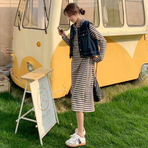 ชุดเดรสสเวตเตอร์ยีนส์แขนยาวสำหรับผู้หญิง ชุดสองชิ้น ฤดูใบไม้ผลิและฤดูใบไม้ร่วง สไตล์เกาหลี ทรงหลวม ลำลอง เสื้อผ้าทำงาน