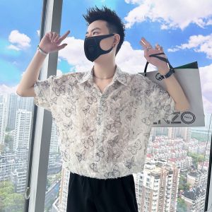 Blue Hollow out Tassel Floral Shirt Men Summer Thin Fashion High End Short Sleeve Shirt Jacket Breathable Polyester Youth Casual Polo Neck