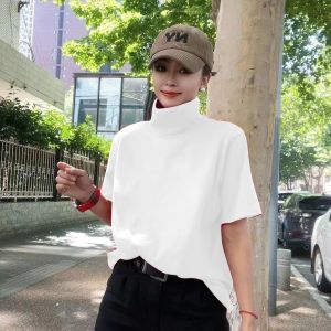 Summer Cotton High Collar Short Sleeve T-Shirt Women Loose Fit Slimming Solid Color Large Size Top Korean Style Commute