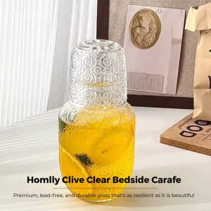 Homlly Clive Clear Bedside Carafe with Glass Cup for Bedroom or Kitchen