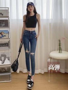 Womens Slim Fit Skinny Jeans Summer Autumn Thin Elastic Denim Pants High Waist Ankle Length Distressed Versatile Blue Cotton Blend