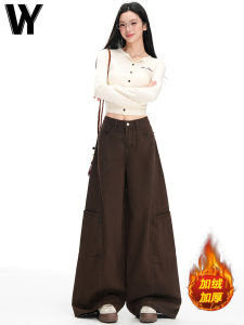 American Retro Brown Cargo Jeans Womens Fleece Lined Loose Casual Wide Leg Straight Cut Trousers High Waist Denim Pants