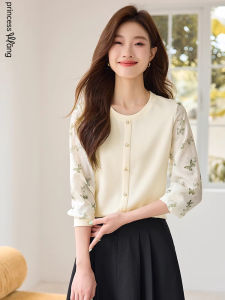 WANGGONGZHU | เสื้อยืดถักแขนยาวผู้หญิงฤดูใบไม้ร่วง 2025 แฟชั่นใหม่ พิมพ์ลายผีเสื้อ ผ้าชีฟอง เสื้อผ้าทำงาน คอกลม ทรงตรง