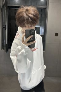 เสื้อฮู้ดผ้าฝ้ายผสมปักลายสีแดง ทรงหลวม สำหรับนักเรียน ชาย หญิง ฤดูใบไม้ร่วง 2025 ฤดูใบไม้ผลิ 2025 ทรงหลวม ทรงหลวม