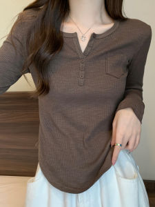 Slim Fit Long Sleeve Bamboo Cotton T-Shirt Womens Short Style Korean Version Button Pocket V-Neck Solid Color Autumn Winter