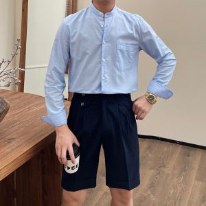 Spring Summer 2024 Mens Casual Cotton Linen Long Sleeve Shirt Thin Breathable Stand Collar Daily Wear Comfortable Fashionable