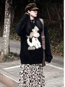 BINKAFENNY | Elegant Black Knitted Long Sleeve Round Neck Soft Cozy Womens Top Loose Fit Autumn Winter Lazy Style Dog Pattern Embroidery