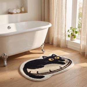 VIKAMA Cartoon Black Cat Irregular Bath Mat Soft Fluffy Non Slip Water Absorbent Bathroom Entrance Floor Doormat