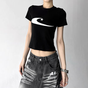 MUYUZI | Stylish Tight Fitted Black Short Sleeve T-Shirt Printed