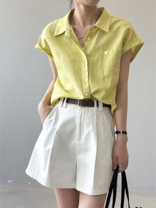 YUEZHONGWEI | Áo thun polo vải lanh tay ngắn màu vàng cổ polo nữ mùa hè thiết kế áo sơ mi cổ polo tay ngắn màu vàng phong cách Pháp