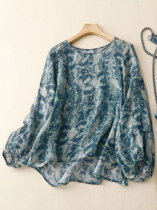 Áo Thun Cotton Lanh Phong Cách Hàn Quốc Cổ Tròn Tay Dài Thường Ngày Mùa Hè Thường Ngày Tay Đèn Lồng Họa Tiết Hoa Vải Lanh Cotton