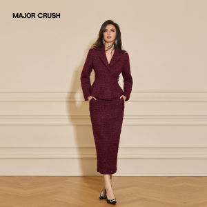 French Style Wine Red Collar Body-con Suit