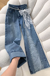 Women Jeans Pants Baggy Jeans Spring Flare Trousers Lace Applique Crystal Wide Leg Pearl Slit Distressed Design