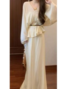 Elegant French Style Two-Piece Set High Waist Top Casual Pants Autumn Opening Fashion Sensation Comfortable Cotton V-Neck Long Sleeve