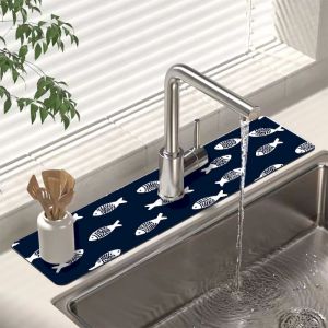 VIKAMA Simple Blue White Line Small Fish Faucet Pad Kitchen Quick Drying Non Slip Pad Tabletop Absorbent Pad Home Decoration