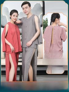 เสื้อคลุมอบไอน้ำแบบเปิดหน้าหลังสำหรับผู้หญิง ผลิตจากผ้าฝ้ายแท้ นวด อบไอน้ำ เสื้อคลุมอบไอน้ำสำหรับผู้ชาย แขนยาว ทรงหลวม