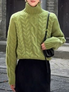 QINGNAER | Slimming Premium Green High Neck Jacquard Plus Size Sweater