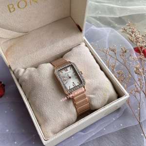 [Original] BNB10701-2513S Bonia Elegance Rectangle Womens Watch with White Dial and Rose Gold Stainless Steel Bracelet | Official Warranty