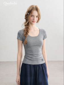 QIAOJIAOYA | U-Neck Embroidered Slim Fit Summer T-Shirt