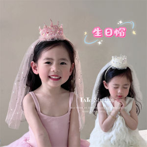 Princess Style Birthday Girl Headwear Shiny Crown Childrens Veil Hairband Cute Girls Hair Accessories Baby Girls Headband