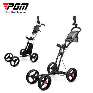 PGM multipurpose four wheel golf push cart foldable trolley with manual brake system and umbrella bottle holder design
